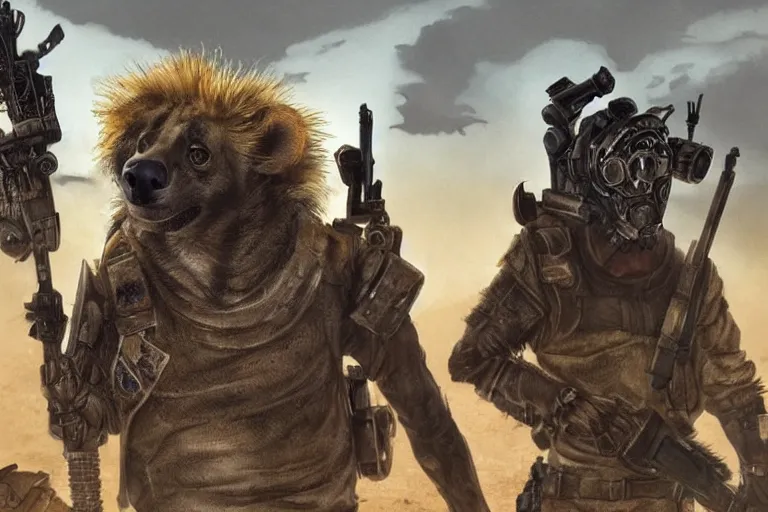 Image similar to a good ol'hyena fursona ( from the furry fandom ), heavily armed and armored facing down armageddon in a dark and gritty version from the makers of mad max : fury road. witness me.