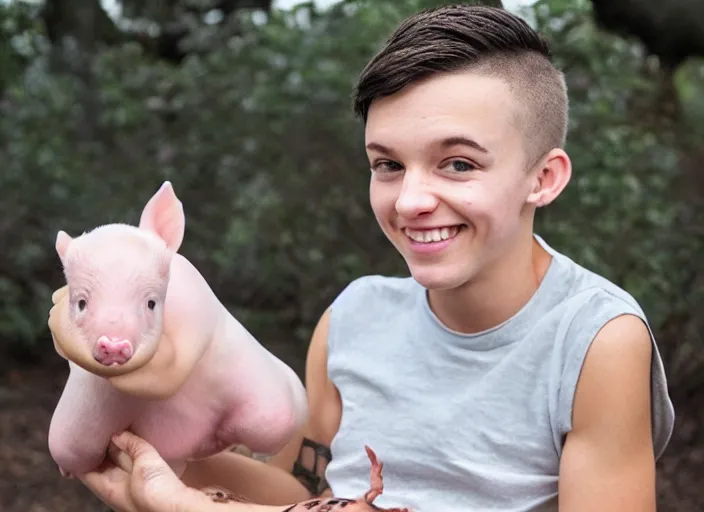 Image similar to a trans boy with a piglet. memphis style