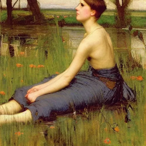 Prompt: A short haired woman sat by a river on overgrown grass by John William Waterhouse