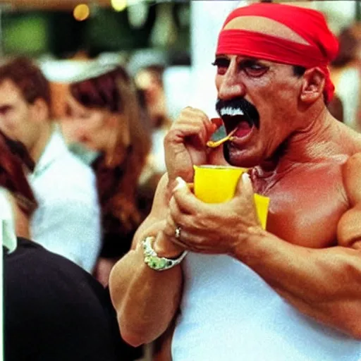 Image similar to hulk hogan crying and eating food,