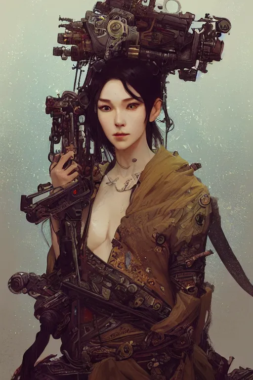 Image similar to A full portrait of a powerful beautiful futuristic dystopian junktown Japanese techromancer sorcerer enchanter, intricate, elegant, highly detailed, digital painting, artstation, concept art, smooth, sharp focus, illustration, art by Krenz Cushart and Artem Demura and alphonse mucha