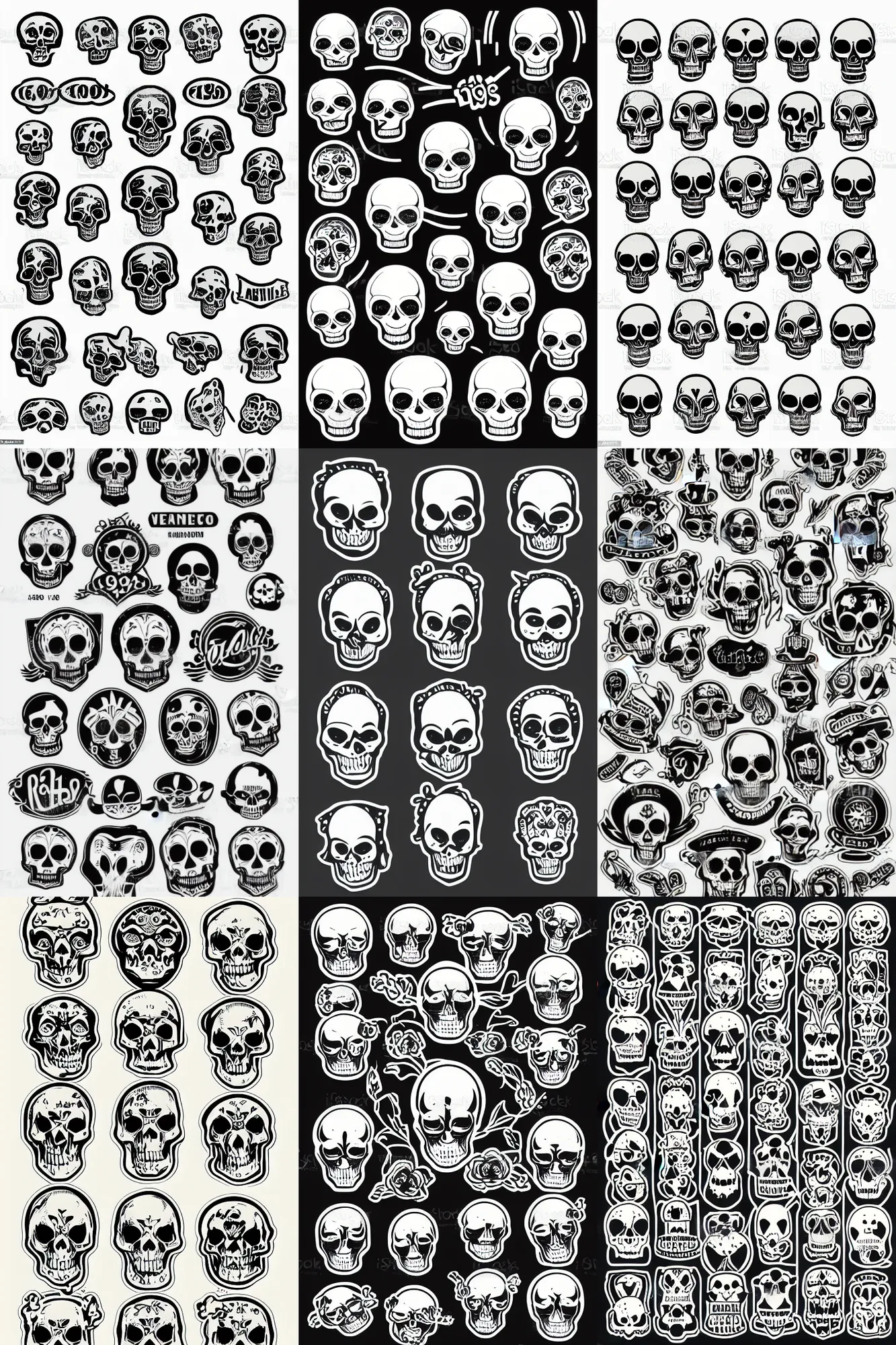Prompt: vintage 1950s Skull stickers, vector art logo by mcbess, full colour print,