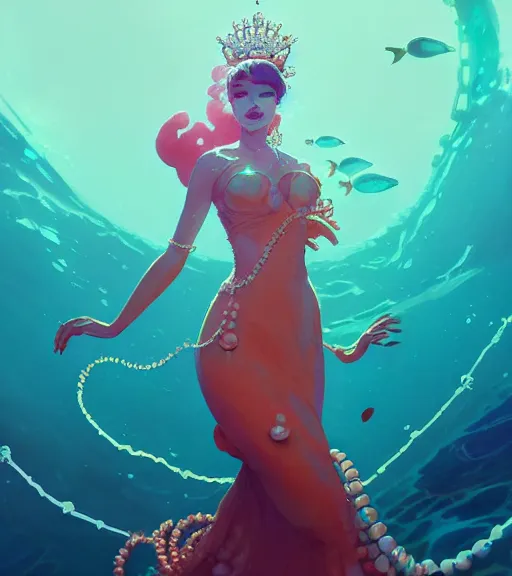 Image similar to portrait of a beautiful queen of the ocean with coral jewelry in complex and shiny dress made by jellyfish, by ross tran and atey ghailan, by greg rutkowski, by greg tocchini, by james gilleard, by joe fenton, by kaethe butcher, dynamic lighting, grunge aesthetic