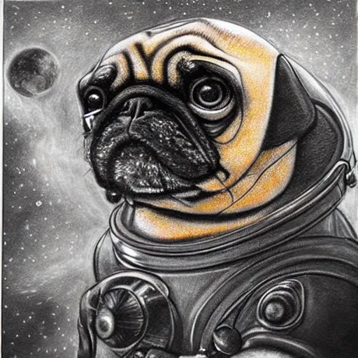 Image similar to pencil art, golden - ratio, spirals, highly detailed, psychedelic astronaut pug in outer space by davinci.