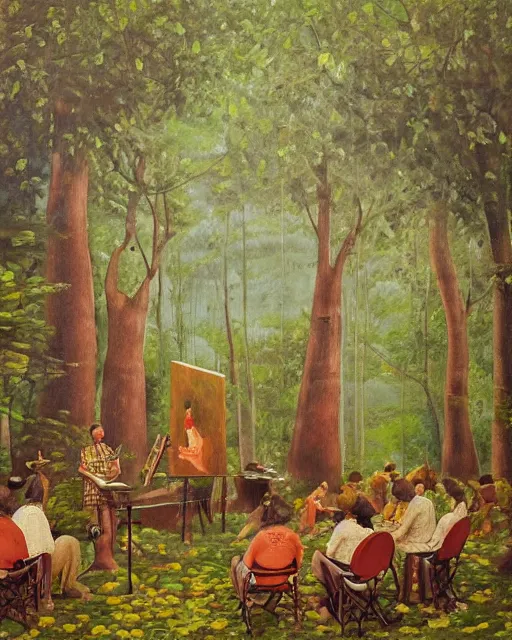 Image similar to a detailed relistic painting of a bird conference in the middle of a forest, an oil painting by benito quinquela martin, behance contest winner, american scene painting, sharp detail, behance contest winner, metaphysical painting, concert poster, poster art