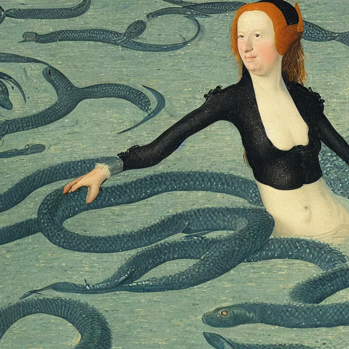 Prompt: a closeup portrait of a woman, swimming in a lake full of millions of eels and jellyfish, early netherlandish painting