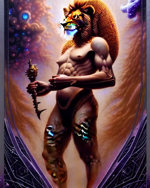 Image similar to a lion tarot card, fantasy character portrait made of fractals, ultra realistic, wide angle, intricate details, the fifth element artifacts, highly detailed by peter mohrbacher, hajime sorayama, wayne barlowe, boris vallejo, aaron horkey, gaston bussiere, craig mullins