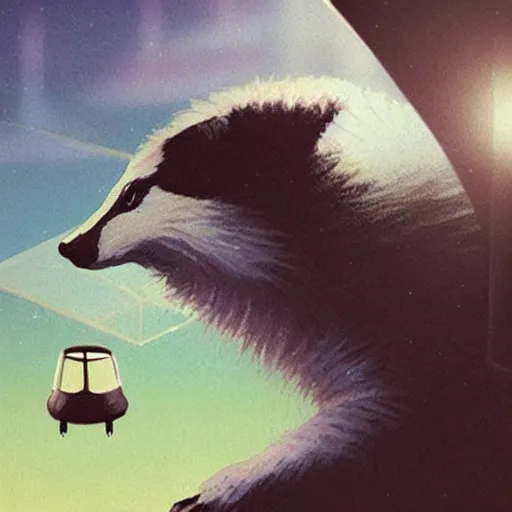 Image similar to a badger looking wistfully out of a spaceship window, sci-fi illustration,