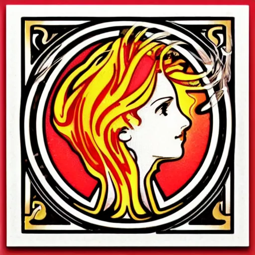 Image similar to a square enamel pin of a fire flames blaze label art by alphonse mucha, smooth curves, behance