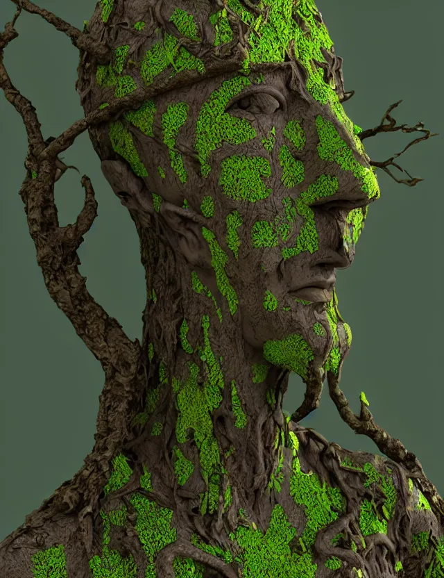 Prompt: elven masked deity in the lichen woods. this 3 d render by an indie artist has an interesting color scheme, plenty of details and impeccable lighting.