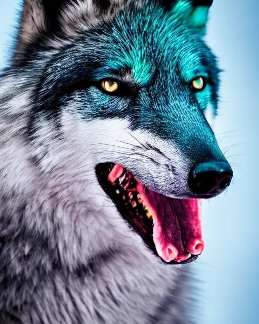 Prompt: black pink green blue fox - wolf, portrait, blue background, 8 k, 8 5 mm f 1. 8