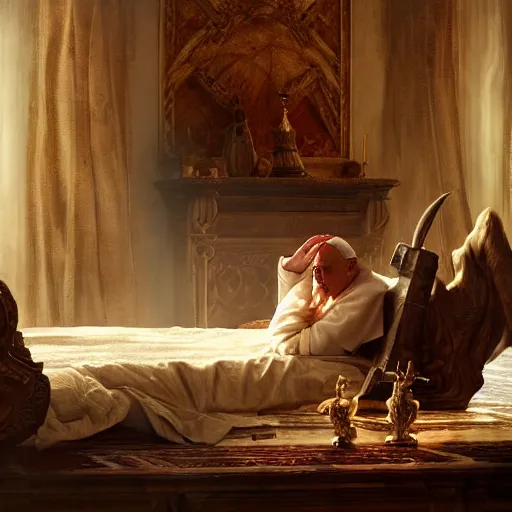 Image similar to the pope is in his bed, scared, because a horned demon is attacking the pope. highly detailed painting by gaston bussiere, greg rutkowski, craig mullins 8 k