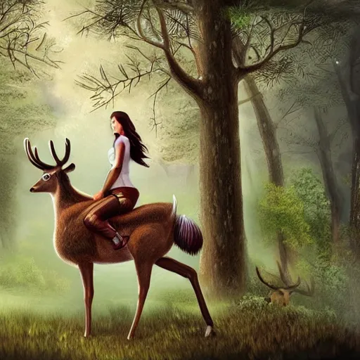 Image similar to girl riding a giant deer in the forest, trending on art station