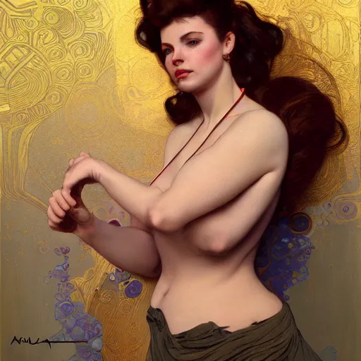 Image similar to modern woman | hyperrealistic | action pose | digital painting | trending on artstation | pinup portrait | clean | illustration | dressed | Unreal Engine 5 | 8k resolution | by Greg Rutkowski Alphonse Mucha Gustav Klimt and Mel Ramos