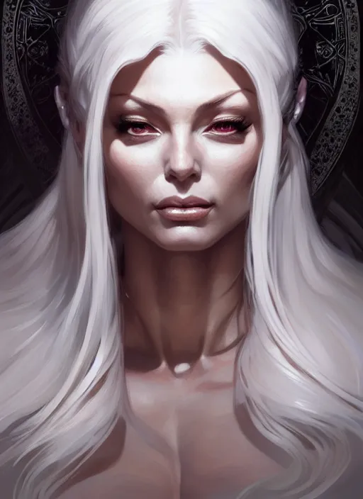 Image similar to portrait of aggressive isabelledeltore, d & d, white, fantasy, intricate, elegant, highly detailed, digital painting, artstation, concept art, smooth, sharp focus, illustration, art by artgerm and greg rutkowski and alphonse mucha