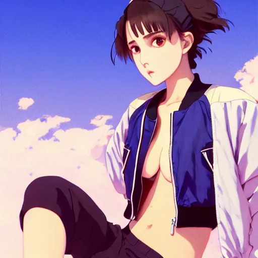 Image similar to a beautiful! boyish! natalie portman alluring gravure! model, wearing oversized mayan bomber jacket and leotard with overalls, bulky poofy bomber jacket with mayan patterns, gapmoe yandere grimdark, trending on pixiv fanbox, painted by greg rutkowski makoto shinkai takashi takeuchi studio ghibli, akihiko yoshida