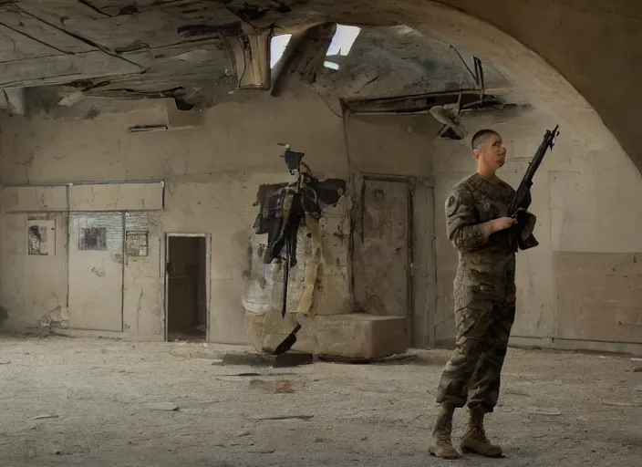 Image similar to a film still of kim kardashian as a soldier firing a rifle, open neckline, backround : abandoned school interior