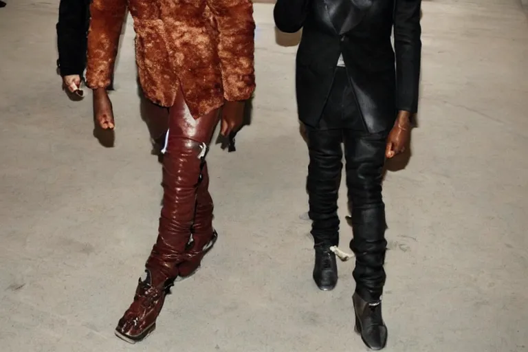 Image similar to kanye west wearing a suit made of steak, runway photo