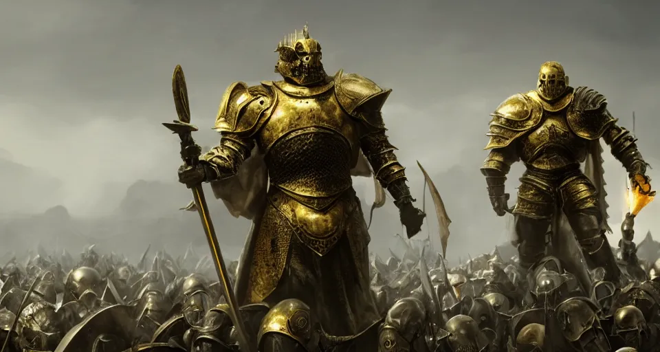 Prompt: render of A skull faced knight with a skull mask, wearing a golden set of armor standing strong in the middle of a battlefield, hyper realistic, unreal, craig mullins, alex boyd, lord of the rings, game of thrones, dark souls, artstation, cinematic action shot, warhammer