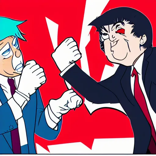 Image similar to A detailed picture of anime Bernie Sanders punching Donald Trump in the face on the side of a mountain