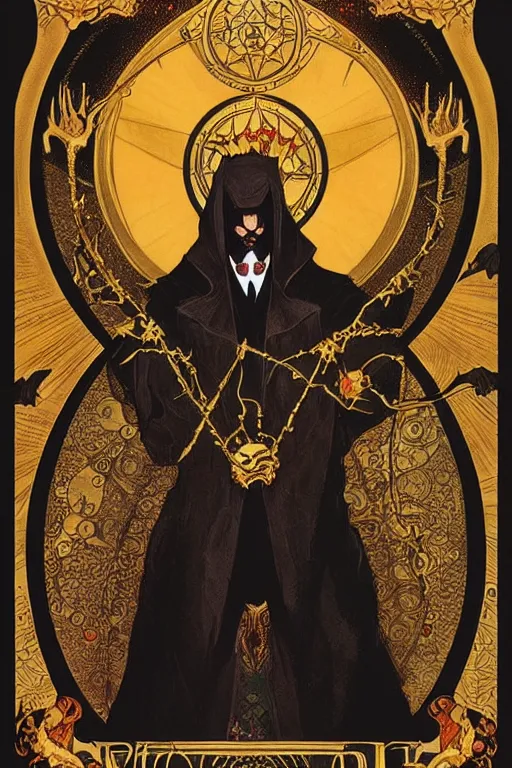 Prompt: dracula, holding golden chalice, ornate tarot card on black paper with moon frame, vibrant color with gold speckles, in style of alfons mucha and peter mohrbacher and michelangelo, horror art, trendy on artstation