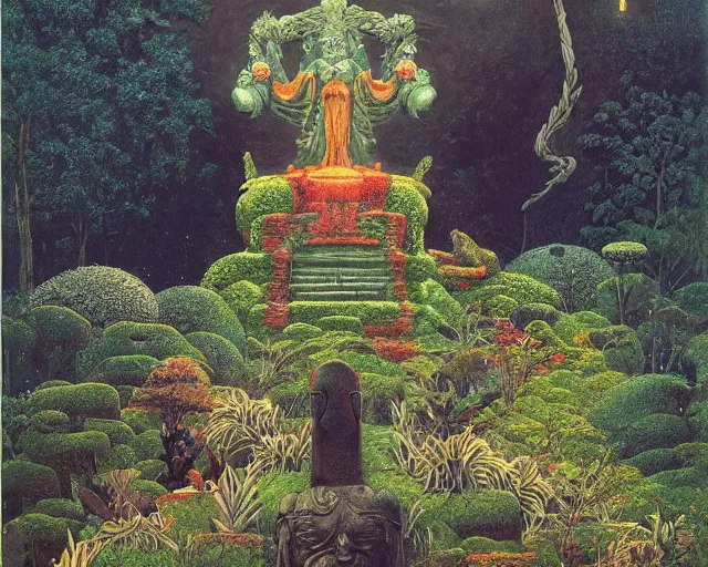 Prompt: a pagan luscious garden with amazing little altars and japanese plants with a gigantic statue of an ancient god stretching its arms above the garden by beksinski, digital art, oil painting, colorful, artstation, australian tonalism escher, very minimalist and myterious