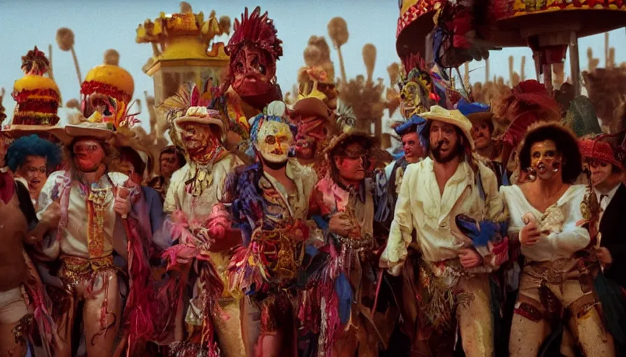 Image similar to movie still by alejandro jodorowsky of a carnival in the desert, cinestill 8 0 0 t eastmancolor technicolor, high quality, very detailed, heavy grain, fine facial features, 8 k, octane render