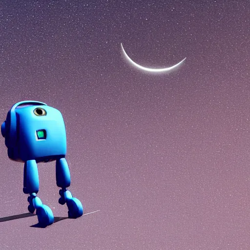 Image similar to blue godot robot ponders looking up at the moon, thinking, vray