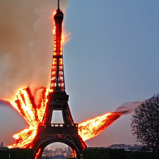 Image similar to the eiffel tower on fire and exploding, still