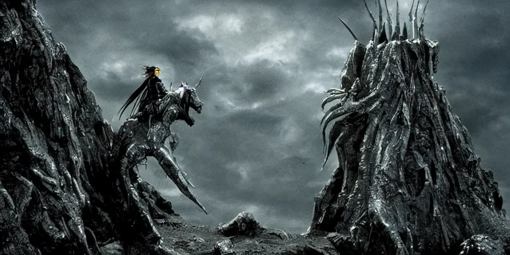 Prompt: lord of the rings movie still, directed by ridley scott in the style of h. r. giger, a black rider ring wraith perched on the edge of a cliff, dark environment, cinematic, cinemascope