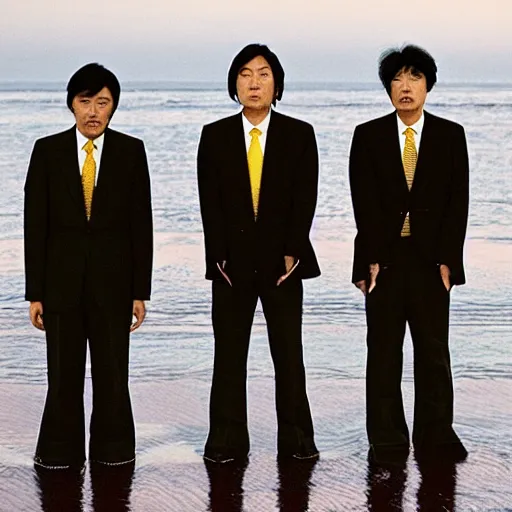 Prompt: three japanese men wearing beige suits and black pants standing in the ocean, sunset, night, wide shot, ((yellow magic orchestra)), ((tatsuro yamashita)), album cover, 1981, grammy award winning