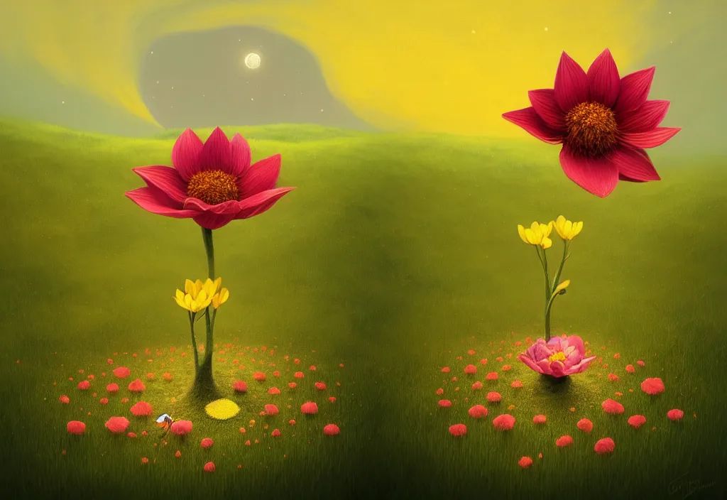 Image similar to by Gediminas Pranckevicius, Not often, but occasionally. A star is born in a flower. Nestled in a soft bed of pollen and petals it can grow in the most unlikely of places. Just waiting for a lucky creature to find it,night star sky background Galaxys, red and yellow flower, trending on artstation, WLOP