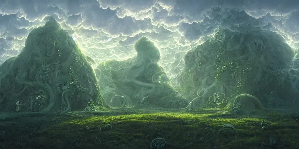 Image similar to Cthulhu, beautiful atmosphere, god rays, masterpiece digital painting by Gediminas Pranckevicius, Alex Gray, 4k wallpaper