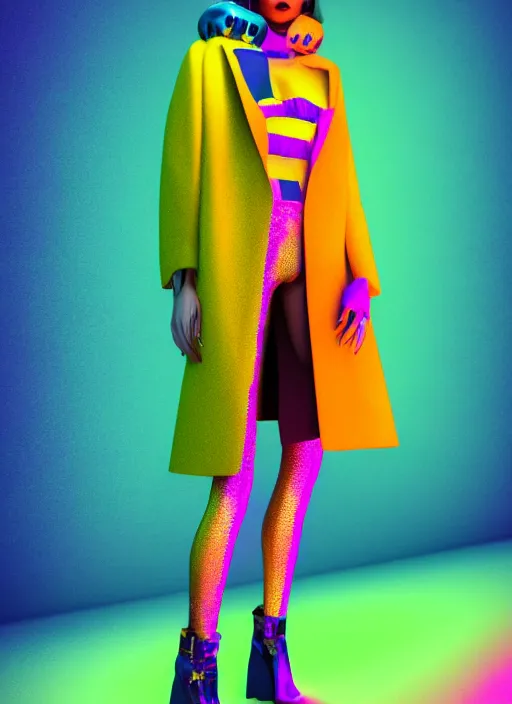 Image similar to stylish coat for a rave, bright colors, many details, prints, photo for a magazine, photo for a store, fashion photography, Vogue, 135 mm, cinematic, hyper realism, high detail, octane render, 8k, chrome accents, very coherent symmetrical artwork, perfect face model, full length photo, Upper and lower body