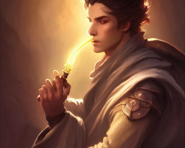 Image similar to young shadow mage male, holding a wizard pipe, shrouded face, deep focus, d & d, fantasy, intricate, elegant, highly detailed, digital painting, artstation, concept art, matte, sharp focus, illustration, hearthstone, art by artgerm and greg rutkowski and alphonse mucha