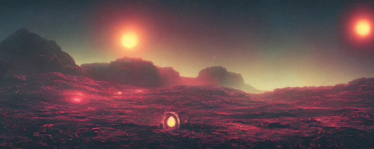 Image similar to ” night at a desolate outer planet made of barren black rock, [ cinematic, detailed, epic, widescreen, opening, establishing, mattepainting, photorealistic, realistic textures, octane render, art by paul lehr ] ”