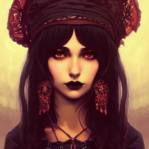 Prompt: a portrait of a beautiful gothic gypsy, art by ilya kuvshinov and wlop and artgerm and josan gonzalez, digital art, highly detailed, intricate, sharp focus, trending on artstation hq, deviantart, pinterest, unreal engine 5, 4 k uhd image