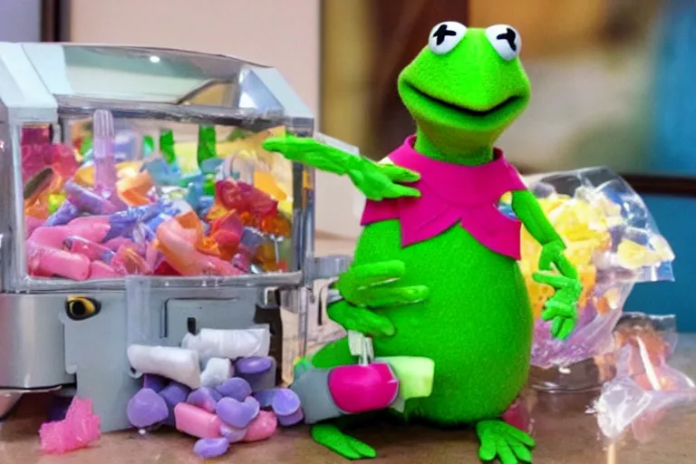 Prompt: a still the muppets of kermit the frog made out of candy next to a robot mrs piggy