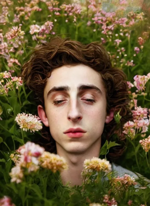 Image similar to Kodak Portra 400, 8K,ARTSTATION, Caroline Gariba, soft light, volumetric lighting, highly detailed, britt marling style 3/4 , extreme Close-up portrait photography of a Timothee Chalamet hiding in flowers how pre-Raphaelites with his eyes closed,inspired by Ophelia paint, his face is under water Pamukkale, face above water in soapy bath tub, hair are intricate with highly detailed realistic , Realistic, Refined, Highly Detailed, interstellar outdoor soft pastel lighting colors scheme, outdoor fine photography, Hyper realistic, photo realistic