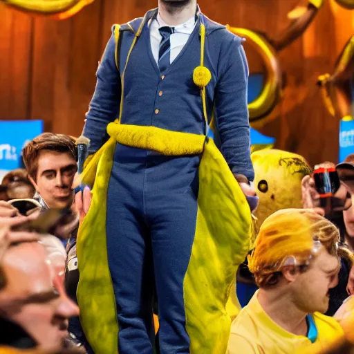 Image similar to daniel radcliffe in a banana costume, posing on a stage, ultra details, photo, 8 k