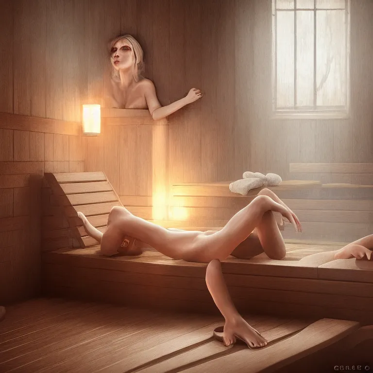 Prompt: woman relaxing in sauna, 3 d render, dark art, highly detailed, intricate, artgerm, greg rutkowski