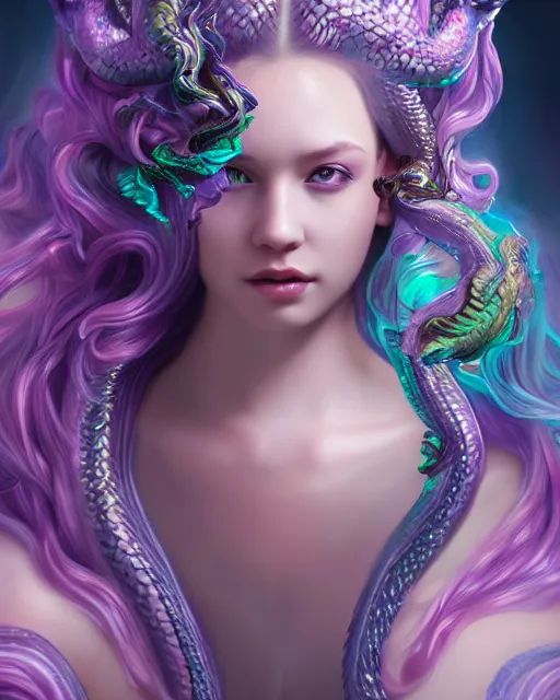 Prompt: cute female medusa woman dragon chimera of iridescent liquid, alchemy, shiny plastic, intricate, bloom, detailed, volumetric lighting, sharp focus, photorealism, digital painting, highly detailed, concept art, by by artgerm and wlop