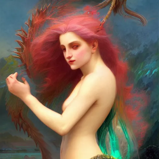 Image similar to a beautiful stunning interesting detailed fantasy whimsical matte digital portrait illustration of a mermaid with blue-green hair, yellow-orange and red-violet spectacular sunset, in the style of William Adolphe-Bouguereau and Marc Simonetti, magic the gathering, trending on artstation hq, contest winner