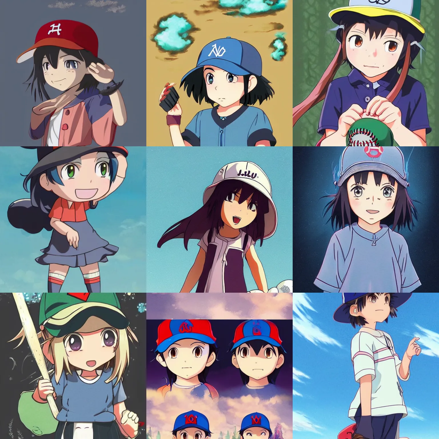 Prompt: little girl with magical powers, wears a baseball hat, character art, anime art, art by studio ghibli!!!!!!!!!!!!!!!!!!!