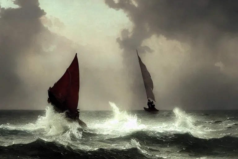 Image similar to ancient historically accurate depiction of Bible Character walking on water during a storm, a small fishing sailboat with scared sailors on board, dramatic lighting by frank miller, illustration by Ruan Jia and Mandy Jurgens and William-Adolphe Bouguereau, Artgerm, 4k, digital art, surreal, space dandy style, highly detailed, godsend, artstation, digital painting, concept art, smooth, sharp focus, illustration by Ruan Jia and Mandy Jurgens and William-Adolphe Bouguereau, Artgerm