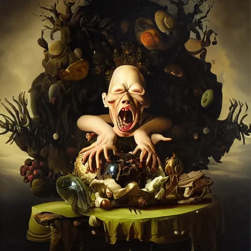 Image similar to refined gorgeous blended oil painting with black background by christian rex van minnen rachel ruysch dali todd schorr of a chiaroscuro portrait of an extremely bizarre disturbing mutated man with shiny skin acne intense chiaroscuro cast shadows obscuring features dramatic lighting perfect composition masterpiece