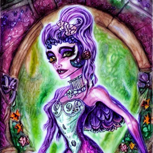 Image similar to josephine wall watercolor drawing of a monster high universe clawdeen wolf fullmoon