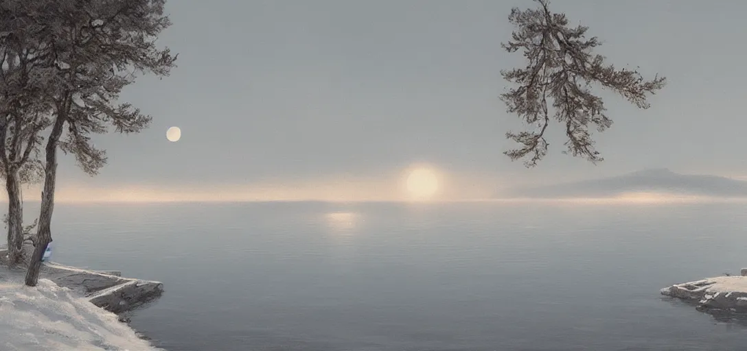 Image similar to lake in a totally white place with a moon in style of greg rutkowski