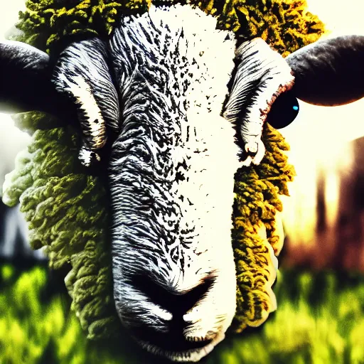 Prompt: camera bouquet effect photo of sheep unlocking sharingan, eye detailed,