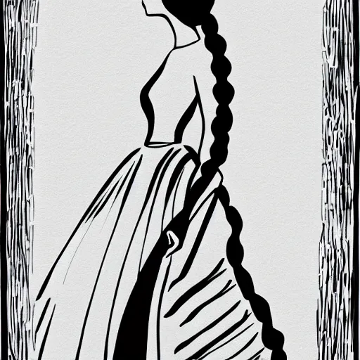 Image similar to a black and white drawing of the silhouette of a woman with long curly in a ponytail hair using a dress